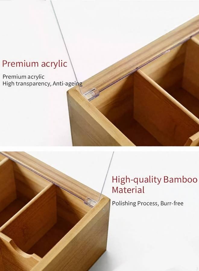 AceLuste Bamboo Tea Bag Organizer with Acrylic Lid, 21.8x10.8x10cm Large Capacity, Dustproof 3-Compartment Eco-Friendly Storage Box for Coffee Pods, Snacks, Home & Office - Image 3