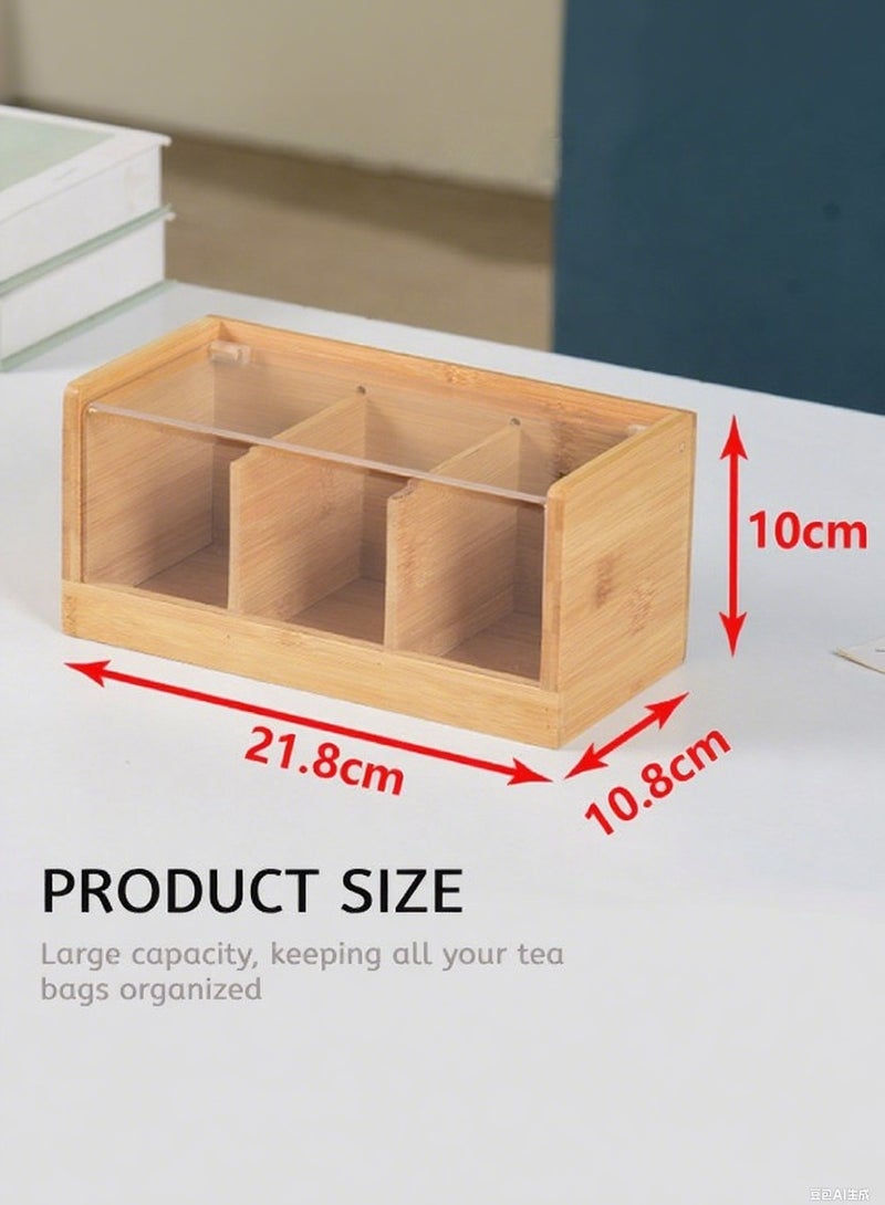 AceLuste Bamboo Tea Bag Organizer with Acrylic Lid, 21.8x10.8x10cm Large Capacity, Dustproof 3-Compartment Eco-Friendly Storage Box for Coffee Pods, Snacks, Home & Office - Image 2
