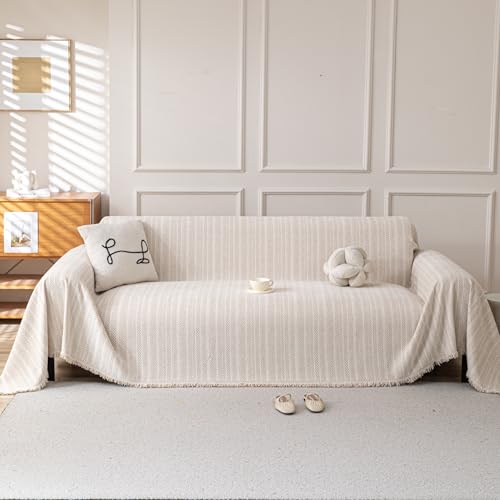 KaviKon Boho Chenille Couch Cover for Dogs, Non Slip Sofa Cover, Couch Slipcover Covers for 3 Cushion, Furniture Protector with Tassels for Pets Washable, 71"x118", Fishbone Beige - Image 1