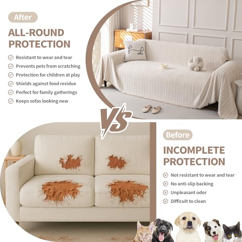 KaviKon Boho Chenille Couch Cover for Dogs, Non Slip Sofa Cover, Couch Slipcover Covers for 3 Cushion, Furniture Protector with Tassels for Pets Washable, 71"x118", Fishbone Beige - Image 4