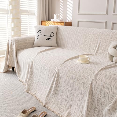 KaviKon Boho Chenille Couch Cover for Dogs, Non Slip Sofa Cover, Couch Slipcover Covers for 3 Cushion, Furniture Protector with Tassels for Pets Washable, 71"x118", Fishbone Beige - Image 5