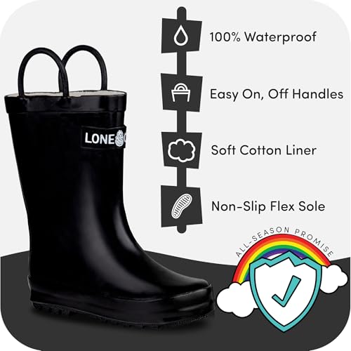 LONECONE Lone Cone Rain Boots with Easy-On Handles in Fun Patterns for Boys and Girls, Play-Proof Flexible Rubber, Durable Non-Slip Treads, Kid-Friendly for Hours of Joy - Shiny Black, 7 Toddler - Image 2