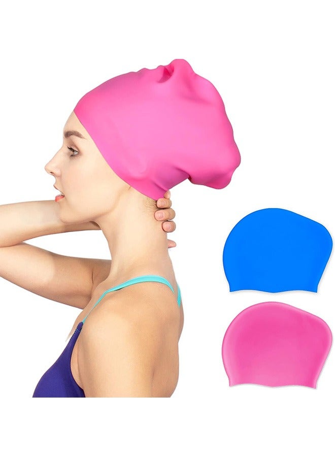 Generic 2Pcs Large Swim Cap for Long Hair, Waterproof Bathing Pool Swimming Cap Cover Ears, 3D Ergonomic Design Silicone Swim Cap for Long Hair for Women Kids Men Adults Boys Girls (Pink+Blue)  - Image 1