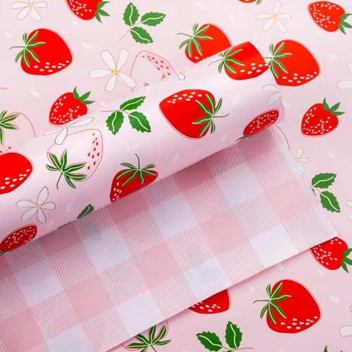 Flyhill Reversible Pink Strawberry Wrapping Paper Roll, Cute Strawberry, Flower with Pink Plaid Gift Wrap for Girls,Wedding,Birthday Valentine's Day,Baby Shower（17 IN x 16.5 FT） - Image 1