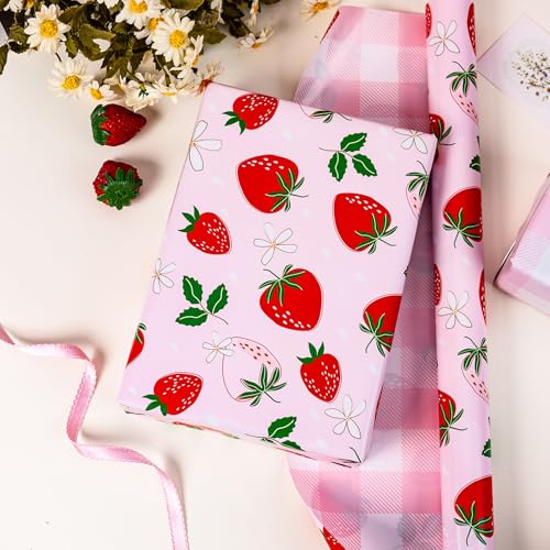 Flyhill Reversible Pink Strawberry Wrapping Paper Roll, Cute Strawberry, Flower with Pink Plaid Gift Wrap for Girls,Wedding,Birthday Valentine's Day,Baby Shower（17 IN x 16.5 FT） - Image 5