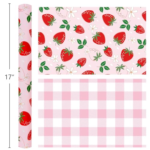 Flyhill Reversible Pink Strawberry Wrapping Paper Roll, Cute Strawberry, Flower with Pink Plaid Gift Wrap for Girls,Wedding,Birthday Valentine's Day,Baby Shower（17 IN x 16.5 FT） - Image 4