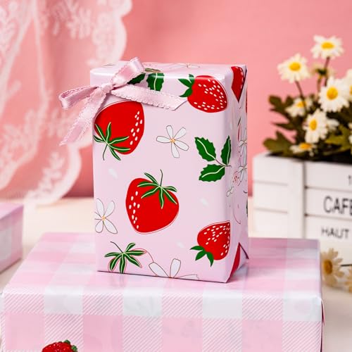 Flyhill Reversible Pink Strawberry Wrapping Paper Roll, Cute Strawberry, Flower with Pink Plaid Gift Wrap for Girls,Wedding,Birthday Valentine's Day,Baby Shower（17 IN x 16.5 FT） - Image 3
