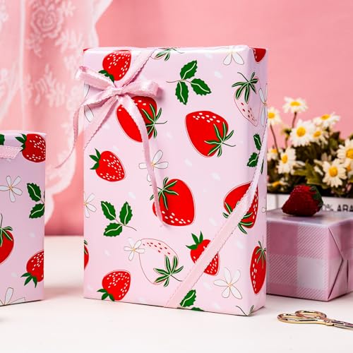 Flyhill Reversible Pink Strawberry Wrapping Paper Roll, Cute Strawberry, Flower with Pink Plaid Gift Wrap for Girls,Wedding,Birthday Valentine's Day,Baby Shower（17 IN x 16.5 FT） - Image 2