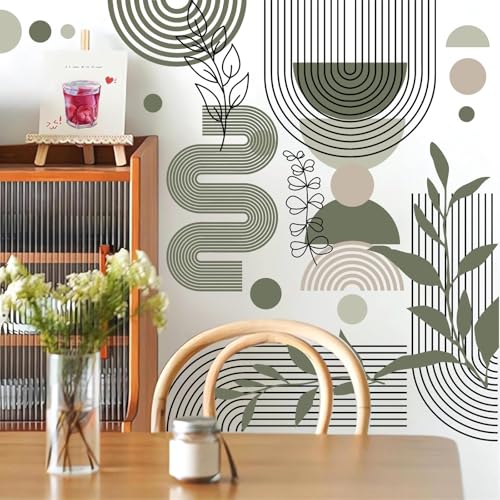 Kazova Boho Arch Wall Stickers Black Line Wall Decals Green Leaf Sticker Large Geometric Decal Aesthetics Room Mural Decor Modern Abstract Sticker for Living Room Bedroom Decor - Image 2