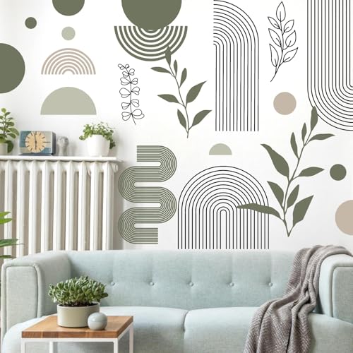 Kazova Boho Arch Wall Stickers Black Line Wall Decals Green Leaf Sticker Large Geometric Decal Aesthetics Room Mural Decor Modern Abstract Sticker for Living Room Bedroom Decor - Image 3