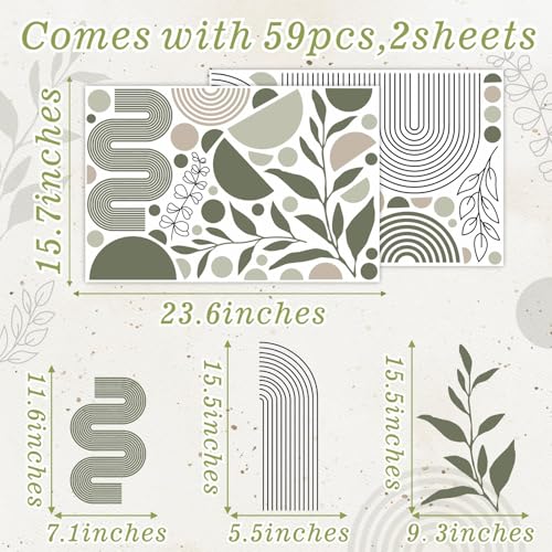 Kazova Boho Arch Wall Stickers Black Line Wall Decals Green Leaf Sticker Large Geometric Decal Aesthetics Room Mural Decor Modern Abstract Sticker for Living Room Bedroom Decor - Image 4