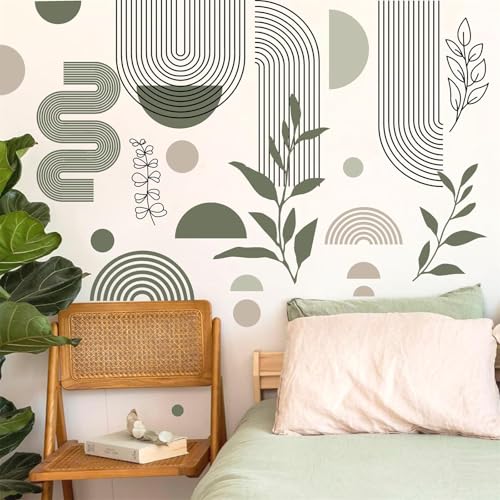 Kazova Boho Arch Wall Stickers Black Line Wall Decals Green Leaf Sticker Large Geometric Decal Aesthetics Room Mural Decor Modern Abstract Sticker for Living Room Bedroom Decor - Image 5