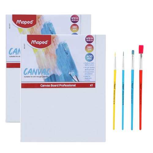 Maped 6pcs Painting Kit - 2 x 8" x 10" Acrylic Canvas Panels & 4 Mix Synthetic Plastic Handle Brushes (Round & Flat) for Kids & Adults - Image 1