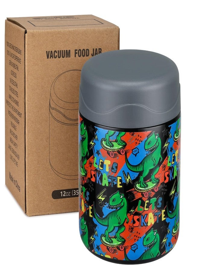 wiwens 12oz Soup Thermo for Hot Food Kids Insulated Food Jar Wide Mouth Lunch Container Leak Proof Stainless Steel Vacuum Bento Box for School Office Travel Outdoors Black-Dinosaur - Image 1