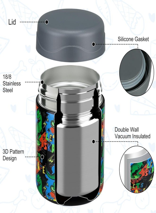 wiwens 12oz Soup Thermo for Hot Food Kids Insulated Food Jar Wide Mouth Lunch Container Leak Proof Stainless Steel Vacuum Bento Box for School Office Travel Outdoors Black-Dinosaur - Image 2