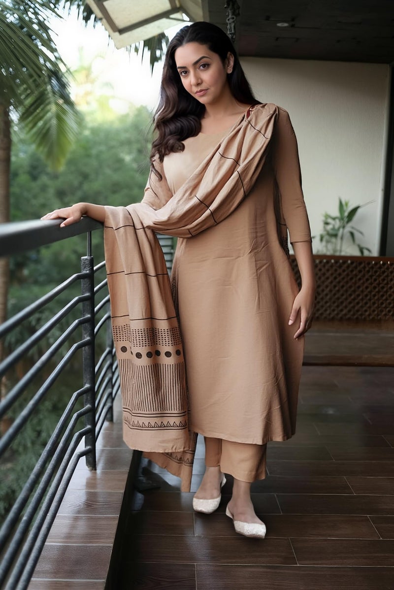 GoSriKi Women's Rayon Viscose Straight Solid Kurta with Pant and Dupatta (Raja Saab Beige-VKS15-GS_XXL_Beige_XX-Large) - Image 5