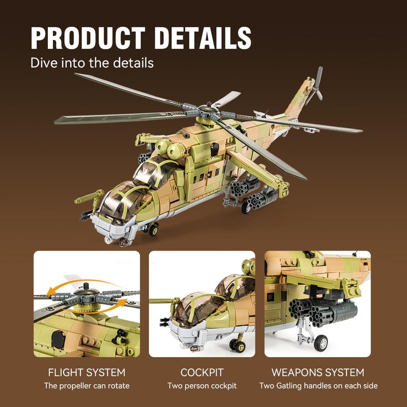 DAHONPA MI-24S Helicopter Medium Utility Military Army Airplane Building Bricks Set, 850+ Pieces Air-Force Build Blocks Toy, Gift for Kid and Adult - Image 4