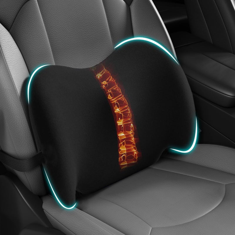 BYMECOST Lumbar Support Pillow for Car, Memory Foam Car Seat Back Support Pillow for Driving, Back Cushion with Strap for Pain Relief, Ergonomic Back Cushion for Office Chair, Wheelchair (A-Black) - Image 1