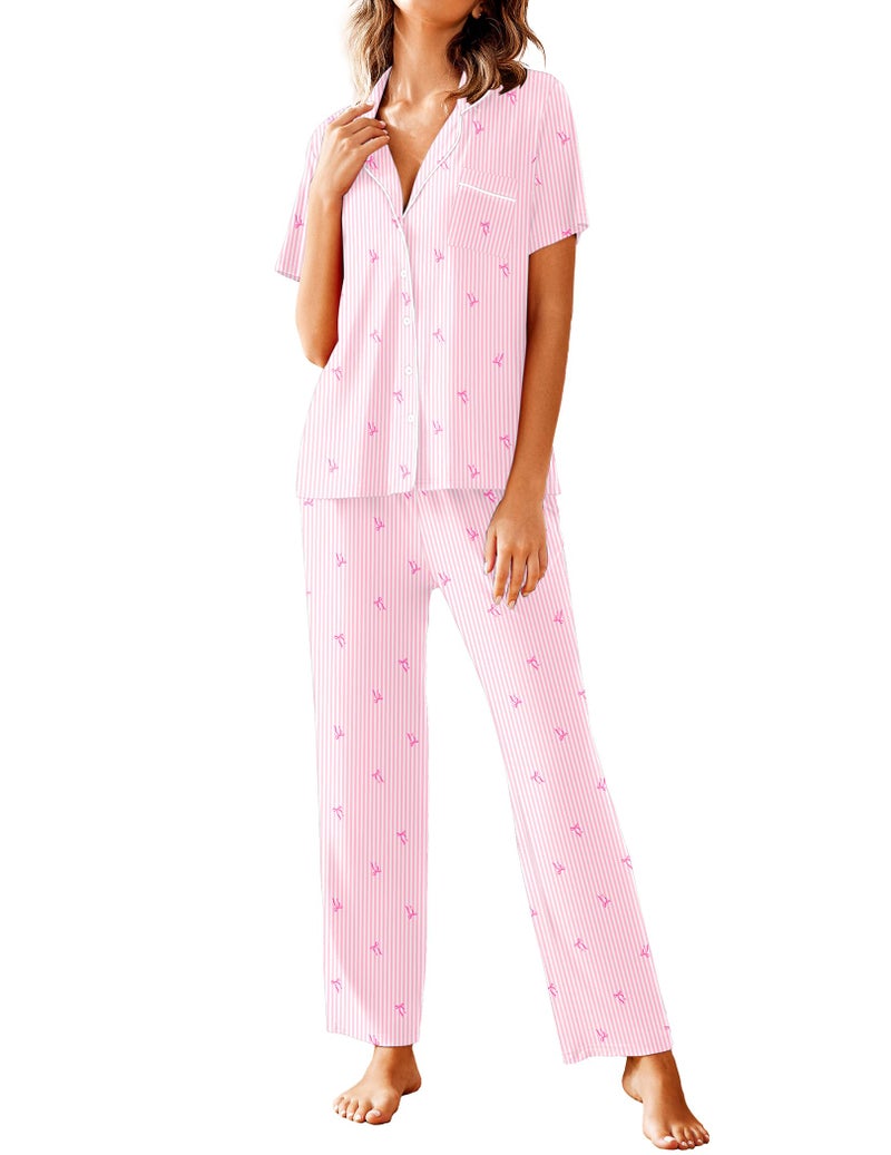 Avidlove Women Pajamas Set Notch Collar Soft Sleepwear Pjs Short Sleeve Button Down Nightwear with Long Pants Stripe Pink Bow M - Image 1