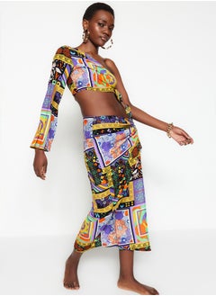 trendyol Ethnic Patterned Woven One-Shoulder Blouse Skirt Set TBESS23AU00086  - Image 2