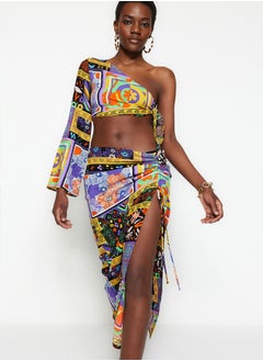 trendyol Ethnic Patterned Woven One-Shoulder Blouse Skirt Set TBESS23AU00086  - Image 3