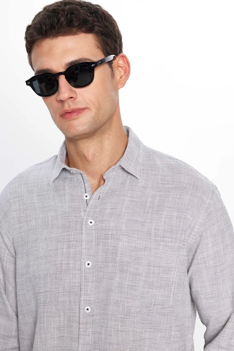 Tudors Men's Classic Fit Regular Cut Long Sleeve Cotton Linen Texture Black Shirt