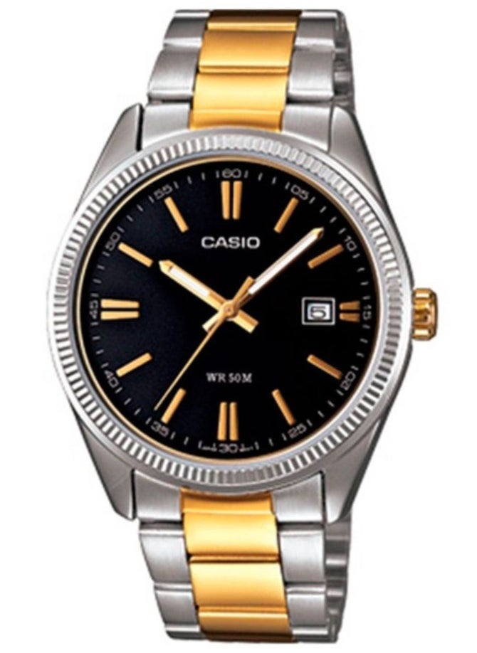 CASIO Casio Men's Silver and Gold strap Black dial watch MTP-1302SG-1BVDF 