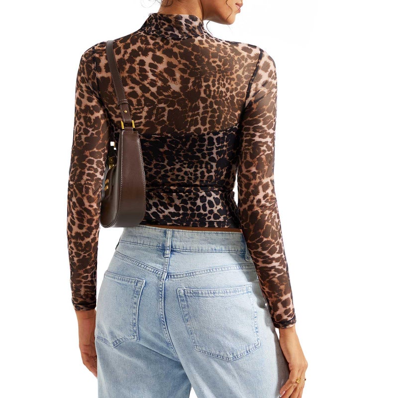 SUUKSESS Women Long Sleeve Going Out Mesh Sheer Crop Mock Turtle Neck Tank Top Double Lined Fitted Lounge Trendy Cute Basic Boho Tops Fall 2024(Leopard,S) - Image 5