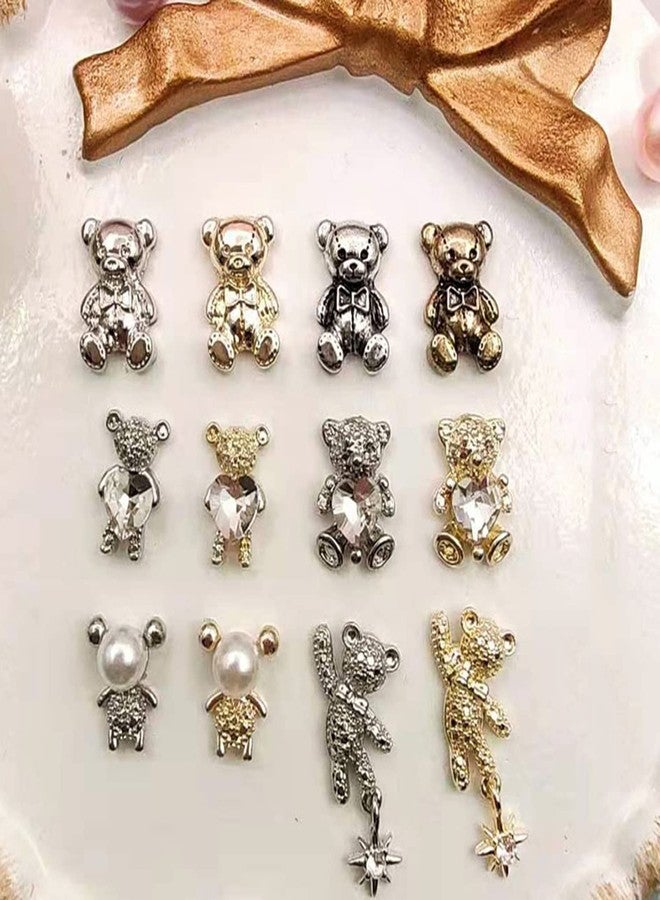 Vezocim Bear Nail Art Decorations, Alloy Bear Nail Glitter Design, 24pcs Gold and Silver Metal Cute Bear Nail Rivet Rhinestone for Women Girls Manicure Charms Decoration, DIY Jewelry Making Craft Supplies - Image 2