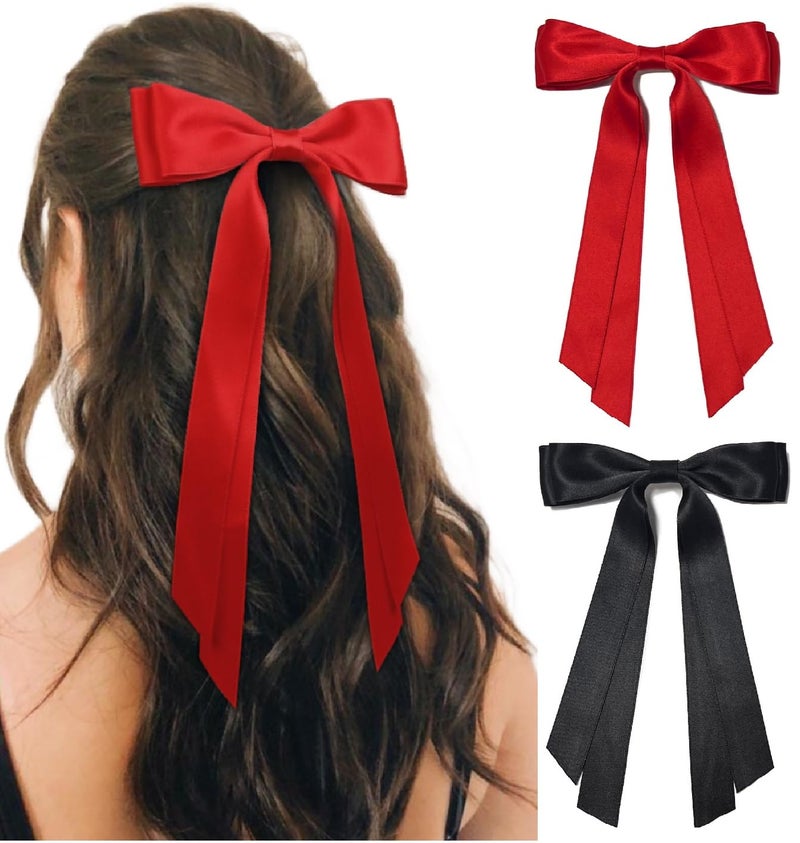 Cute Hair Accessories Bow Clips Ribbon Barrettes with Tassels and Hair Bows for Women in Black and Red