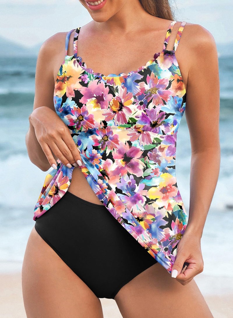 Aleumdr Swim Suits for Women 2026 Vintage Tankini Swimsuit 2 Piece Tummy Control Bathing Suit Blouson Tankini Set Watercolor Floral Medium - Image 3