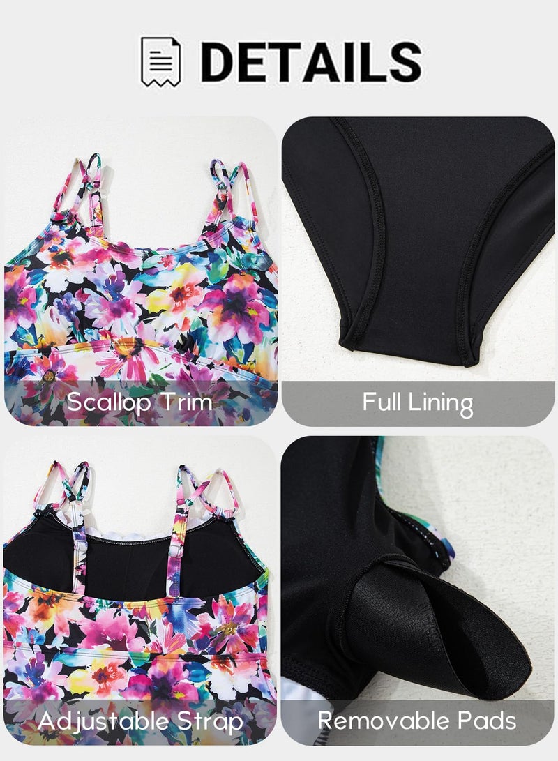 Aleumdr Swim Suits for Women 2026 Vintage Tankini Swimsuit 2 Piece Tummy Control Bathing Suit Blouson Tankini Set Watercolor Floral Medium - Image 5