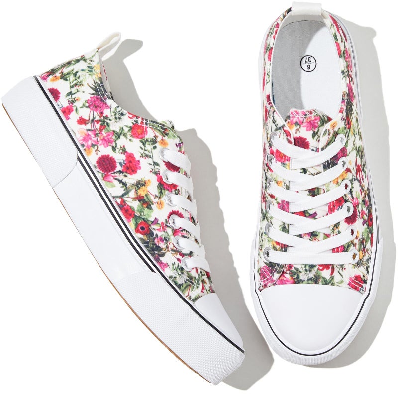 Adokoo Canvas Tennis Shoes for Women Low Top Casual White Flower Sneakers for Women Lace Up Fashion Comfortable Walking Shoes (Flower,10.5) - Image 1