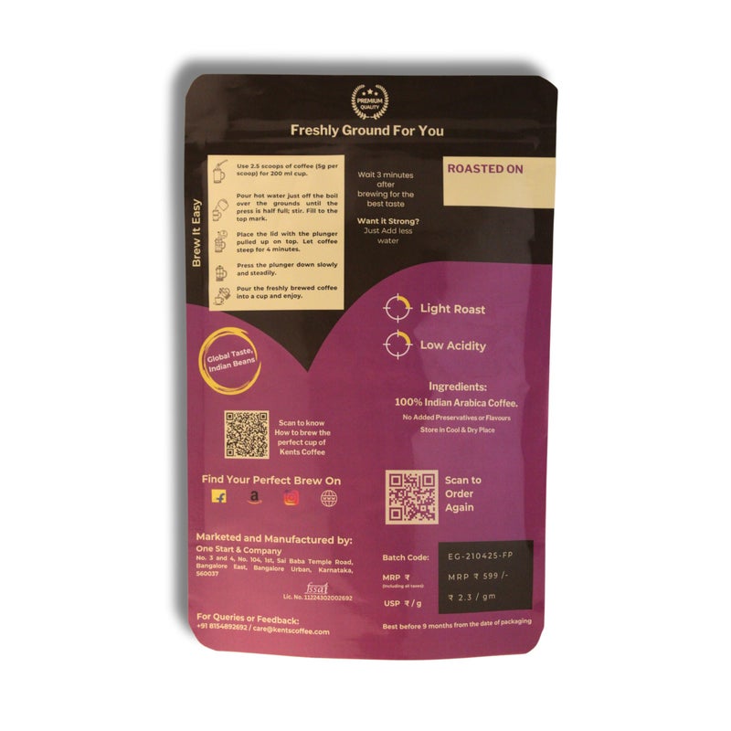 Kents Coffee Ethiopian Groove | Zesty, Floral, Fruity | Light Roast Ground Coffee | Low Acidity | Ideal for French Press (250Gm) - Image 2