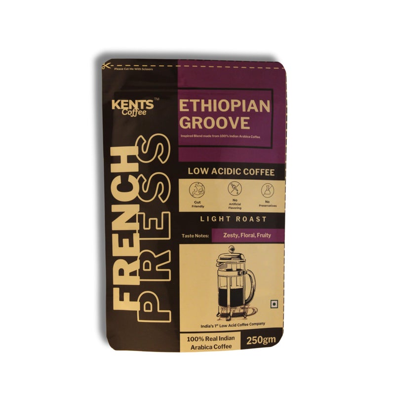 Kents Coffee Ethiopian Groove | Zesty, Floral, Fruity | Light Roast Ground Coffee | Low Acidity | Ideal for French Press (250Gm) - Image 1