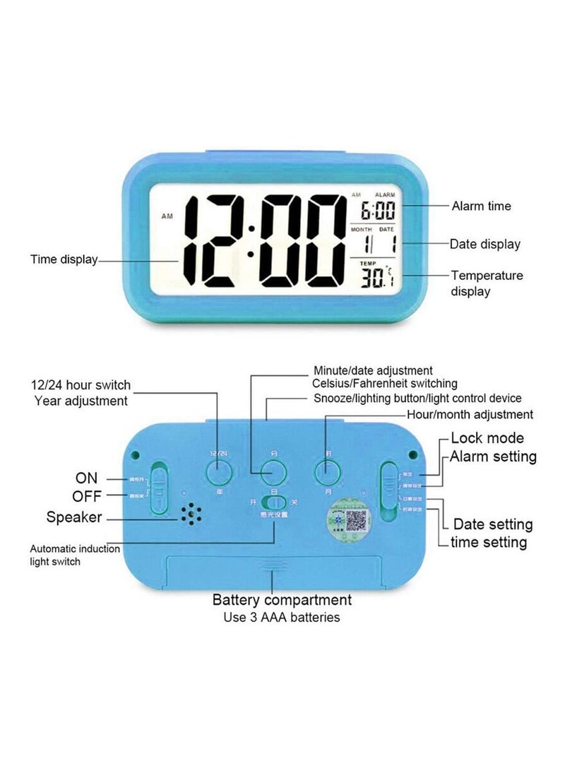 Smart Digital Alarm Clock with Temperature Display, Large LCD Screen, Date Display, Smart Night Light, Battery Operated & Snooze Button on Top (DAC101) (Blue)  - Image 3