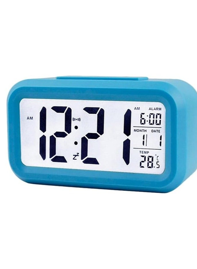 Smart Digital Alarm Clock with Temperature Display, Large LCD Screen, Date Display, Smart Night Light, Battery Operated & Snooze Button on Top (DAC101) (Blue)  - Image 1