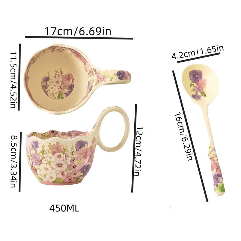 A Set Of Exquisite Floral Ceramic Mugs With Spoons Featuring A Colorful Flower Cup Design Curved Handle And Frosted Finish Large Capacity Breakfast Porcelain Mugs Suitable For Afternoon Tea Coffee And Milk Ideal For Home Use Restaurants And Offices - Image 3
