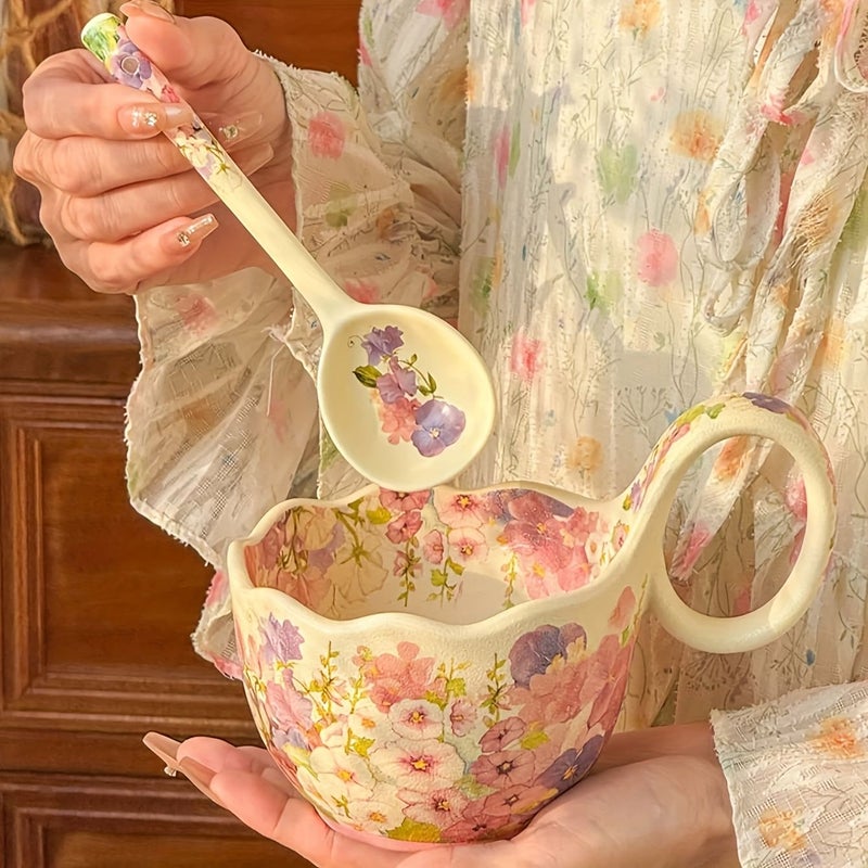 A Set Of Exquisite Floral Ceramic Mugs With Spoons Featuring A Colorful Flower Cup Design Curved Handle And Frosted Finish Large Capacity Breakfast Porcelain Mugs Suitable For Afternoon Tea Coffee And Milk Ideal For Home Use Restaurants And Offices - Image 2