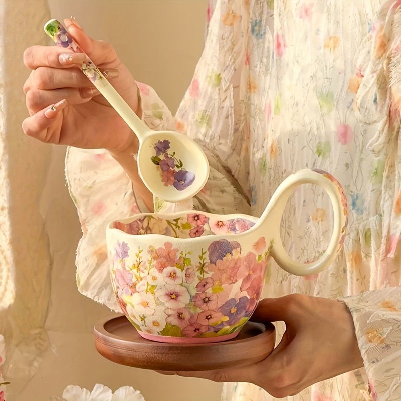 A Set Of Exquisite Floral Ceramic Mugs With Spoons Featuring A Colorful Flower Cup Design Curved Handle And Frosted Finish Large Capacity Breakfast Porcelain Mugs Suitable For Afternoon Tea Coffee And Milk Ideal For Home Use Restaurants And Offices - Image 1