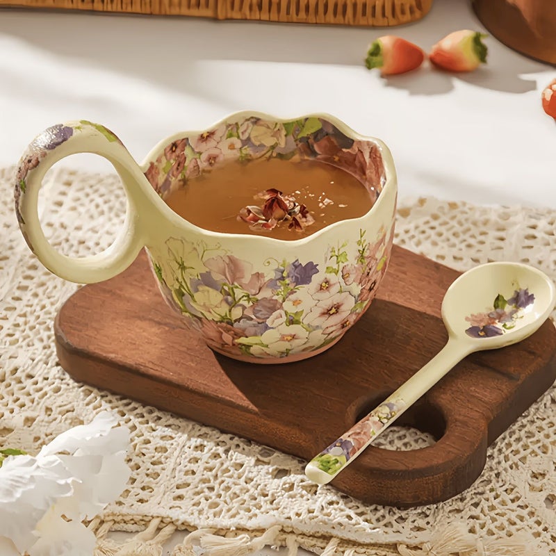A Set Of Exquisite Floral Ceramic Mugs With Spoons Featuring A Colorful Flower Cup Design Curved Handle And Frosted Finish Large Capacity Breakfast Porcelain Mugs Suitable For Afternoon Tea Coffee And Milk Ideal For Home Use Restaurants And Offices - Image 5