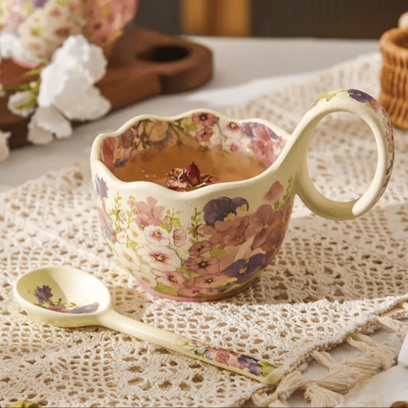 A Set Of Exquisite Floral Ceramic Mugs With Spoons Featuring A Colorful Flower Cup Design Curved Handle And Frosted Finish Large Capacity Breakfast Porcelain Mugs Suitable For Afternoon Tea Coffee And Milk Ideal For Home Use Restaurants And Offices - Image 4
