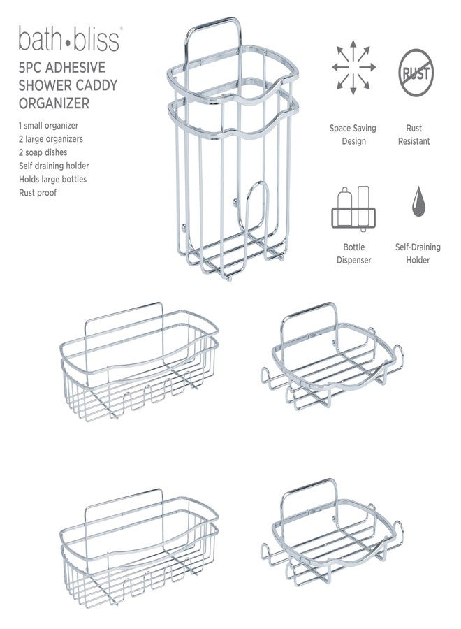 Bath Bliss Adhesive Shower Caddy Organizer | 5 Piece Set | 2 Soap Dishes | 1 Small Organizer | 2 Large Organizers | Bathroom Organization | Holds Up to 15lbs | Easy to install | Chrome - Image 3