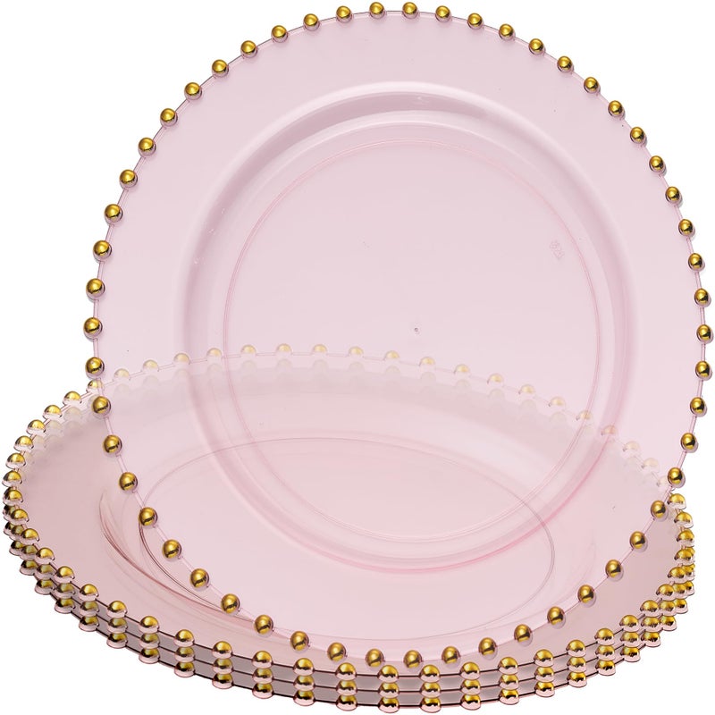 PLASTICPRO Translucent Pink with Gold Rim Plastic Charger Plates with Beaded Edge â€“ Pack of 4 â€“ 13" Elegant Round Disposable Chargers for Weddings, Events, Parties, and Dinners - Image 1