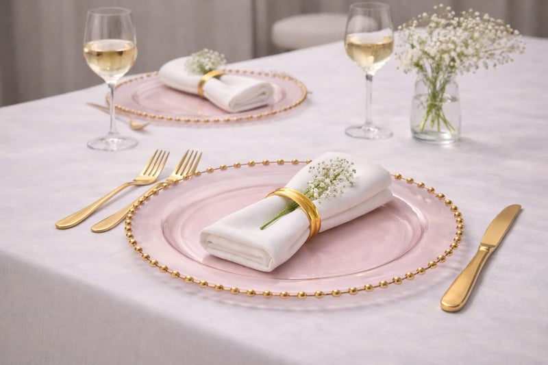 PLASTICPRO Translucent Pink with Gold Rim Plastic Charger Plates with Beaded Edge â€“ Pack of 4 â€“ 13" Elegant Round Disposable Chargers for Weddings, Events, Parties, and Dinners - Image 2