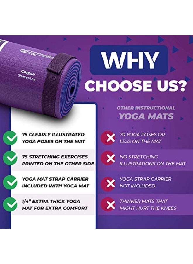 كيلا بساط يوغا رياضي للرجال والنساء - كبير، سمك 4 مم، 68 بوصة × 24 بوصة، بساط تمارين مانع للانزلاق مع 75 وضعية يوغا مطبوعة للبيلاتس والتمارين الرياضية والتمدد - أساسيات المنزل والنادي الرياضي، بساط يوغا غير سام ومانع للانزلاق للجنسين(أرجواني) - Image 3