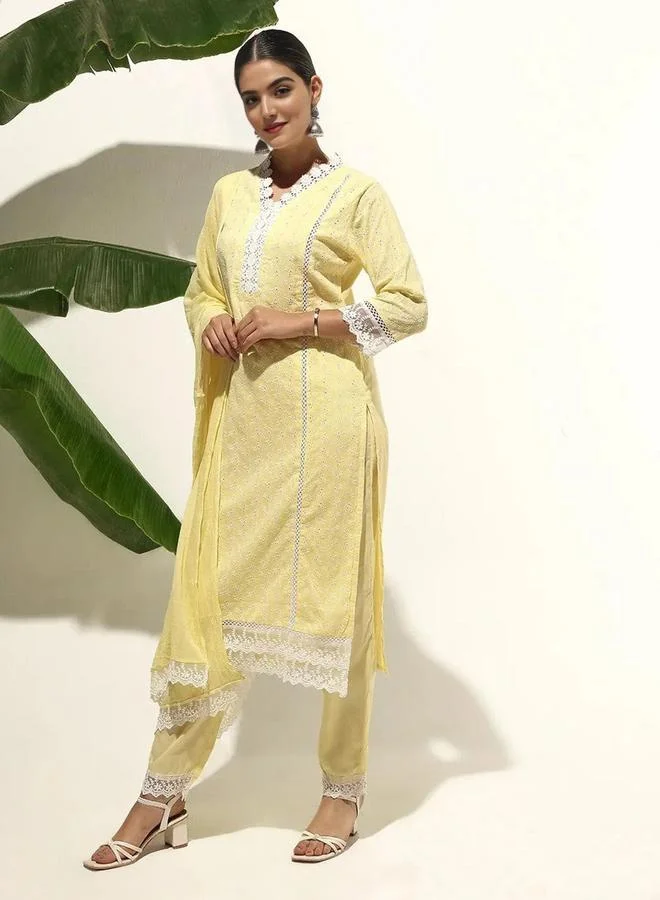 آي شين Women's Yellow 100% Cotton Printed Tunic Top With Ankle Palazzo Straight 3 Peice Kurta Set