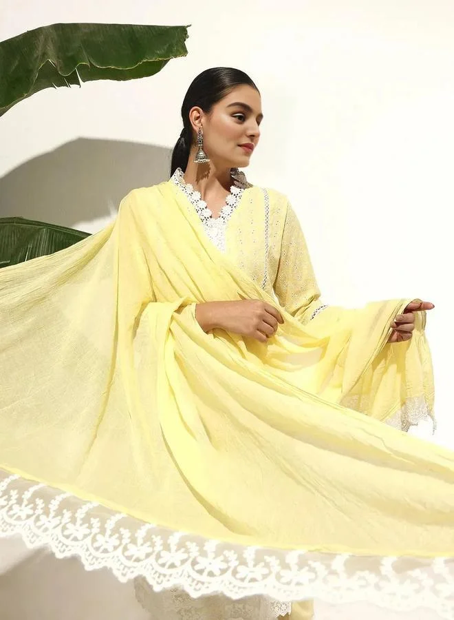 آي شين Women's Yellow 100% Cotton Printed Tunic Top With Ankle Palazzo Straight 3 Peice Kurta Set
