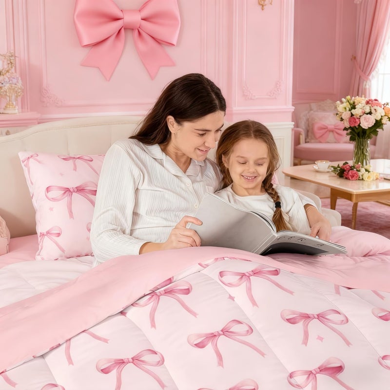 Erosebridal Cartoon Bowknot Kids Bedding Set Twin,Pink Ribbon Bow Comforter Sets with Sheets for Girls Butterfly Knot Princess Bed in A Bag,Girly Watercolor Bow 7 Pieces Bed Set Bedroom Decor - Image 2