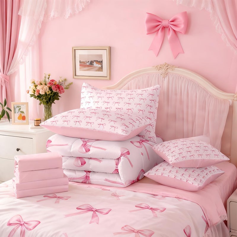 Erosebridal Cartoon Bowknot Kids Bedding Set Twin,Pink Ribbon Bow Comforter Sets with Sheets for Girls Butterfly Knot Princess Bed in A Bag,Girly Watercolor Bow 7 Pieces Bed Set Bedroom Decor - Image 4